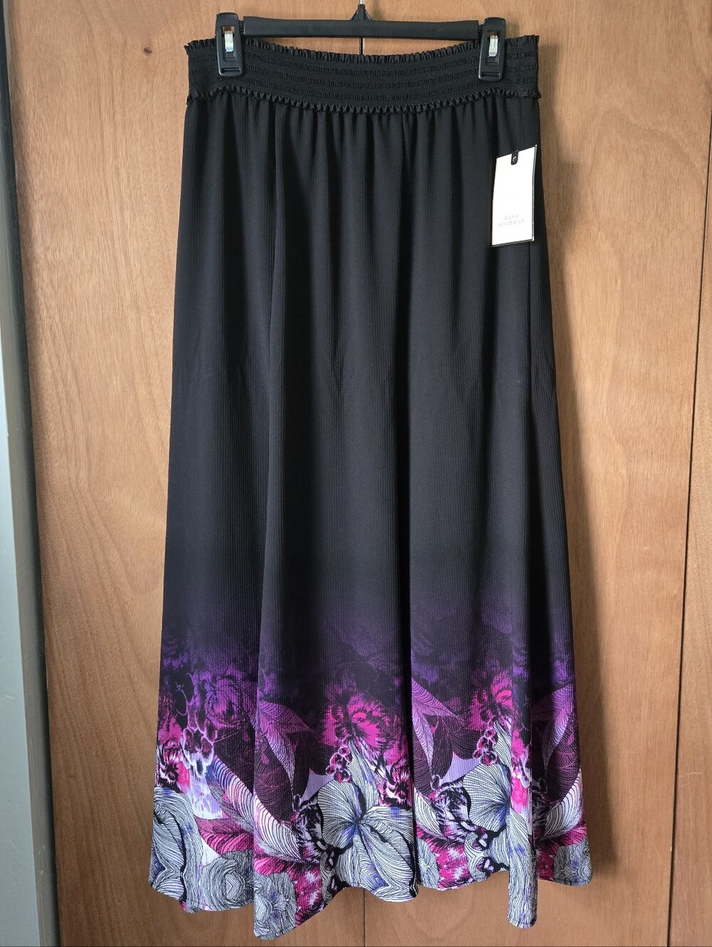 Dana Buchman Black Maxi Skirt with Purple and Pink Floral Hem